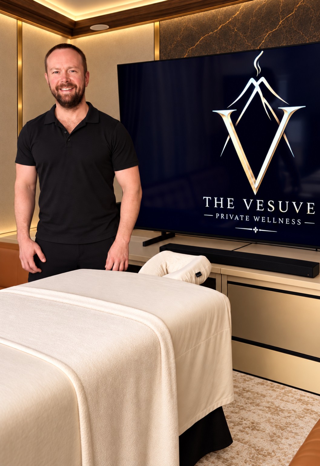 The Vesuve practitioner beside a professional massage table